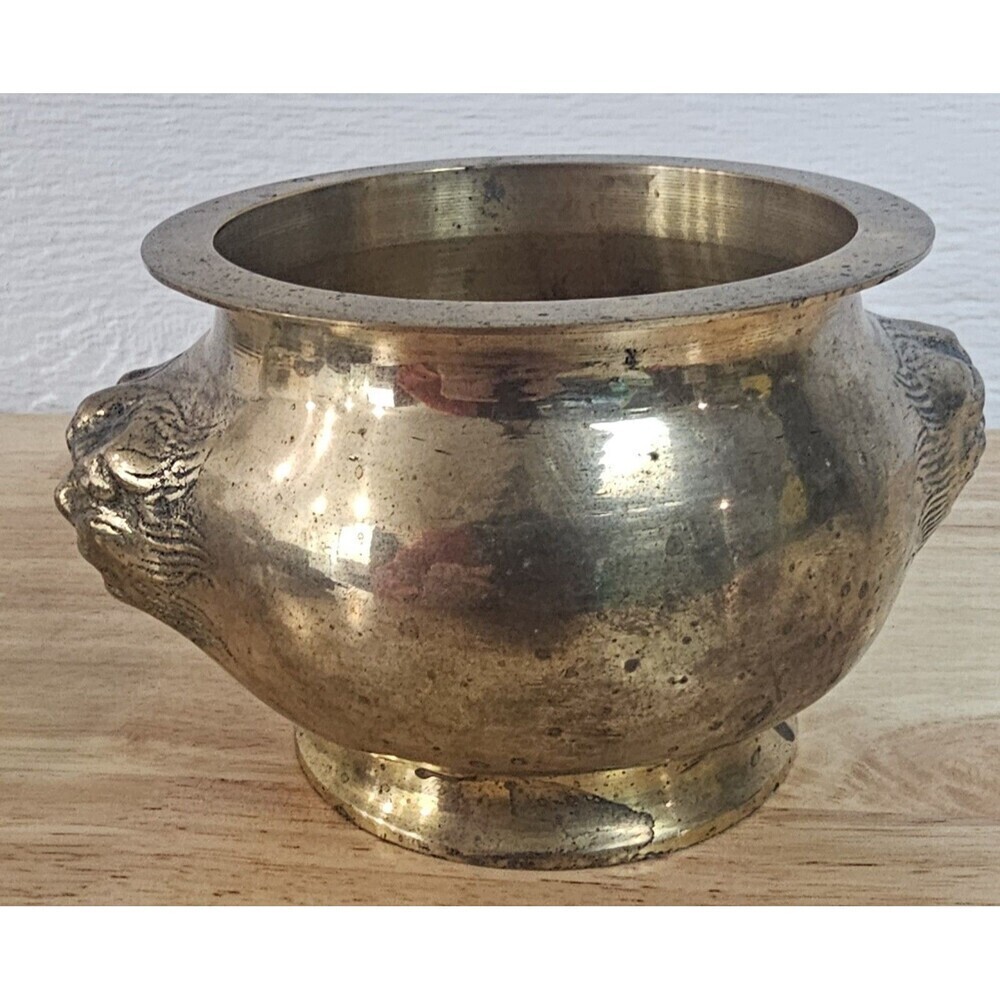 Vtg Solid Brass Foo Dog Lion Head Asian Cauldron Censer Incense Planter Heavy - Picture 3 of 13